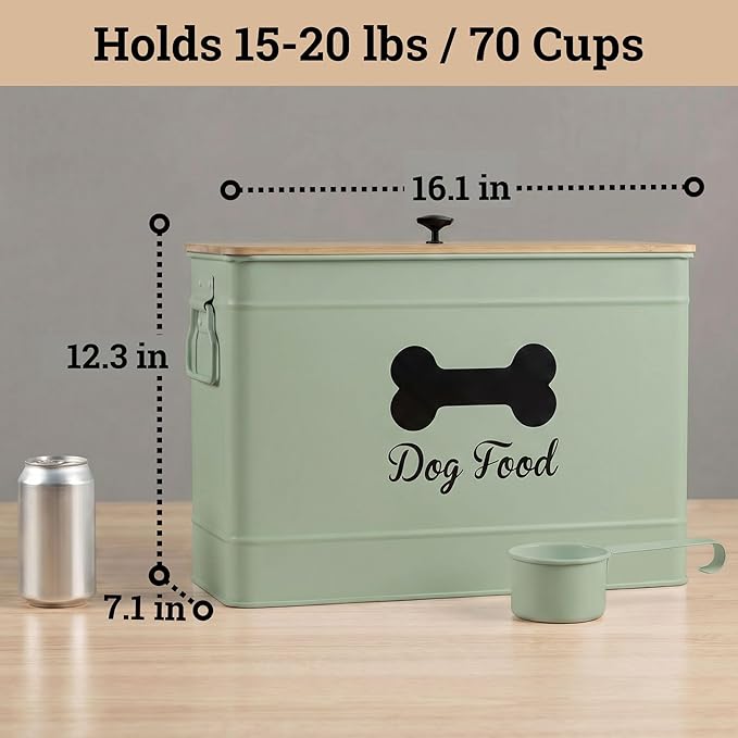 Dog Food Container Airtight 15-20 lb (70 Cup) Capacity with Metal Scoop - Cute Airtight Dog Food Storage Container with Bamboo Lid - Green Metal Kibble Storage Bin for Dogs up to 100 lbs - Big Pet Jar