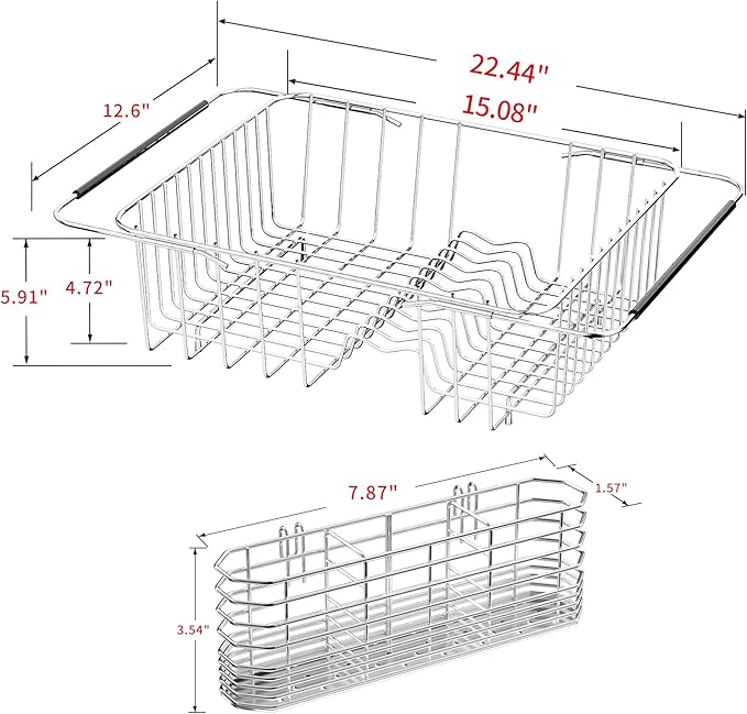 JAQ Over Sink Dish Drying Rack for Medium to Large Sink, Expandable 15.08"–22.4", Adjustable 304 Stainless Steel Dish Drainer with Utensil Holder, Large Capacity Holds Up to 13 Plates