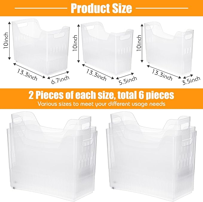 Qunclay 6 Plastic Freezer Organizer Bins with Wheel Set Clear Tall Narrow Kitchen Pantry Organizer Snack Storage Containers for Office Refrigerator(3 Sizes)