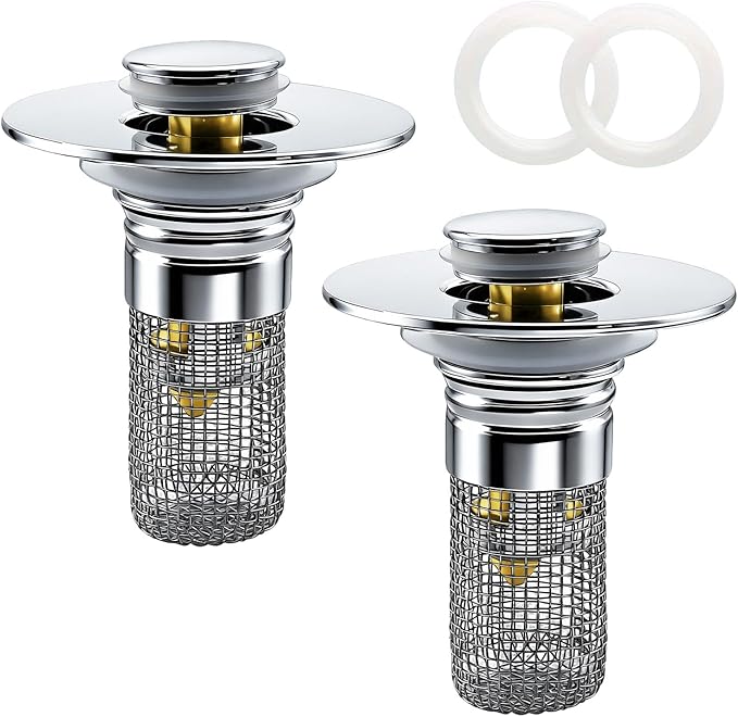 Bathroom Sink Drain Strainer, Pop-up Sink Drain Strainer with Removable Strainer Basket Hair Catcher, Bathroom Sink Stopper,2 Packs
