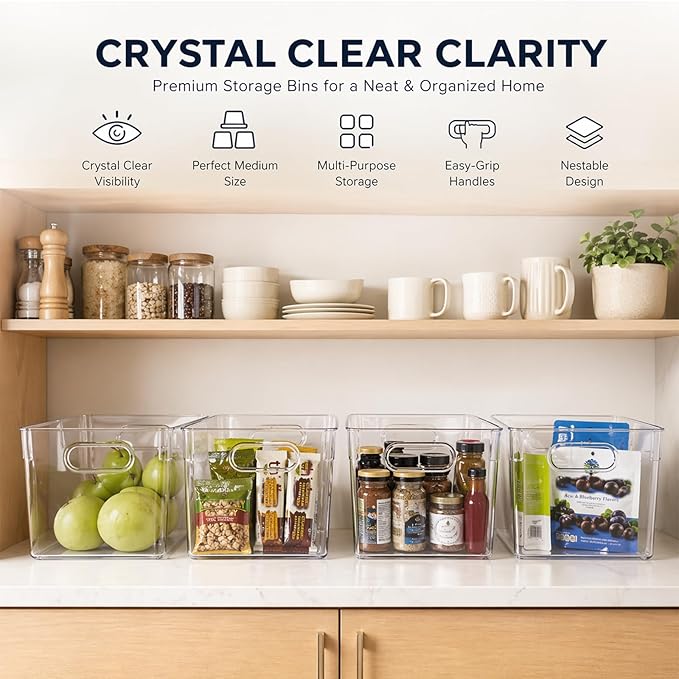 MOONEDGE 4 Pack Open Clear Plastic Storage Bins 11"x8"x6" Stackable Organizer Containers with Handle for Kitchen, Pantry, Fridge, Bathroom,Cabinet,Closet Storage