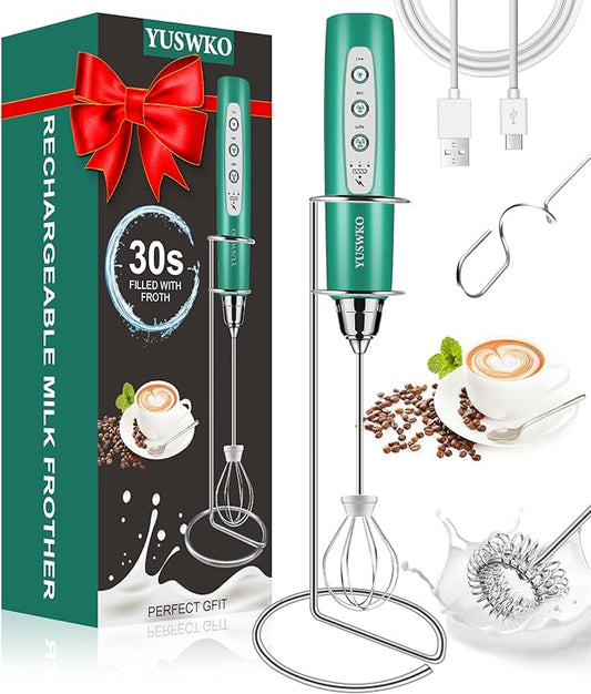 YUSWKO Milk Frother Handheld for Coffee with Stand, Rechargeable Drink Mixer with 3 Heads 3 Speeds Electric Coffee Frother Whisk, Gift for Many Occasions and Festival