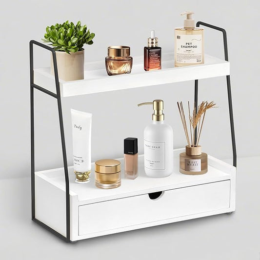 2-Tier Bathroom Organizer Countertop with Drawer, Wood Counter Organizer for Bathroom Decor, Sink Shelf for Vanity Storage, Makeup Tray for Perfume Skincare, Spice Rack Bedroom Kitchen Corner ﻿