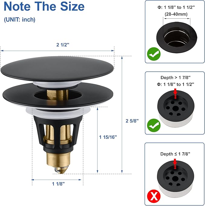 Universal Bathroom Sink Stopper - Pop Up Sink Drain Stopper, Push Button Flixfilter Sink Drain Stopper Replacement, Wash Basin Drain Filter Plug Anti-Clogging Basket, Matte Black
