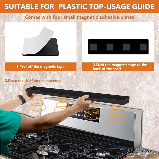 AWOKE Stove Top Shelf 30 Inch - Silicone Material Magnetic Shelf for Stove - 3 Functional Partitions Kitchen Spice Rack Organizer-Black,Kitchen Gadgets Storage Organization