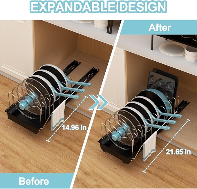 Golener Pots and Pans Organizer Under Cabinet - 22" Deep Expandable Pot Organizers inside Cabinet with 10 Adjustable Dividers &Handrail, No Drill Pot Lid Holder, Sliding Pot Lid Holder, 2 Packs
