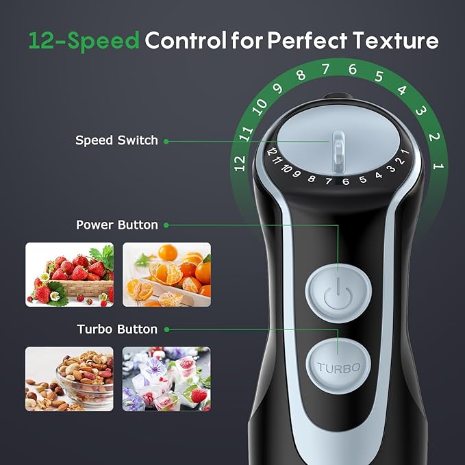 FRESKO Immersion Handheld Blender 500W with 700ml Beaker, 12-Speed & Turbo Mode Hand Blender Stick, 304 Stainless Steel Blades for Soup, Smoothie, Puree, Baby Food