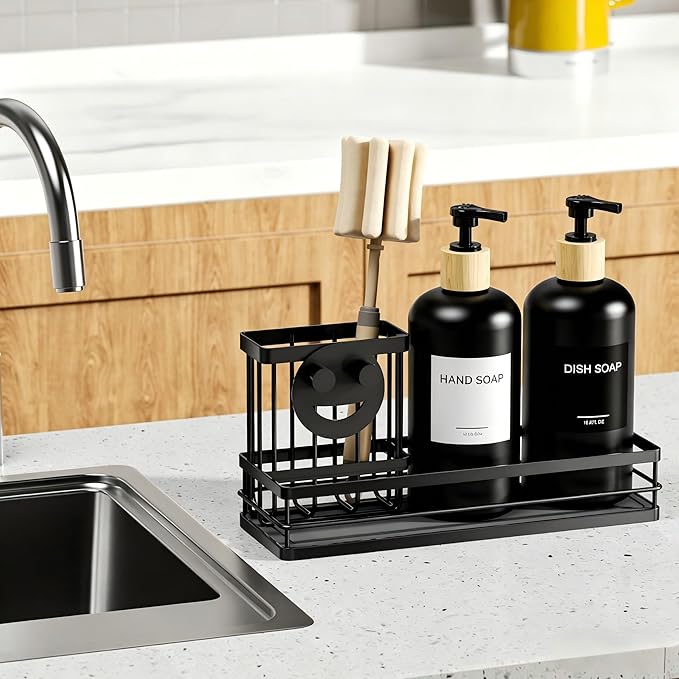 Moforoco Kitchen Dish Soap Dispenser Set, 16OZ Glass Bottle, Hand and Dish Soap Dispenser Set, Instant Dry Tray, Brush Holder with Smiley Face Sponge Holder (Black Tray+Black Bottle+Labels)