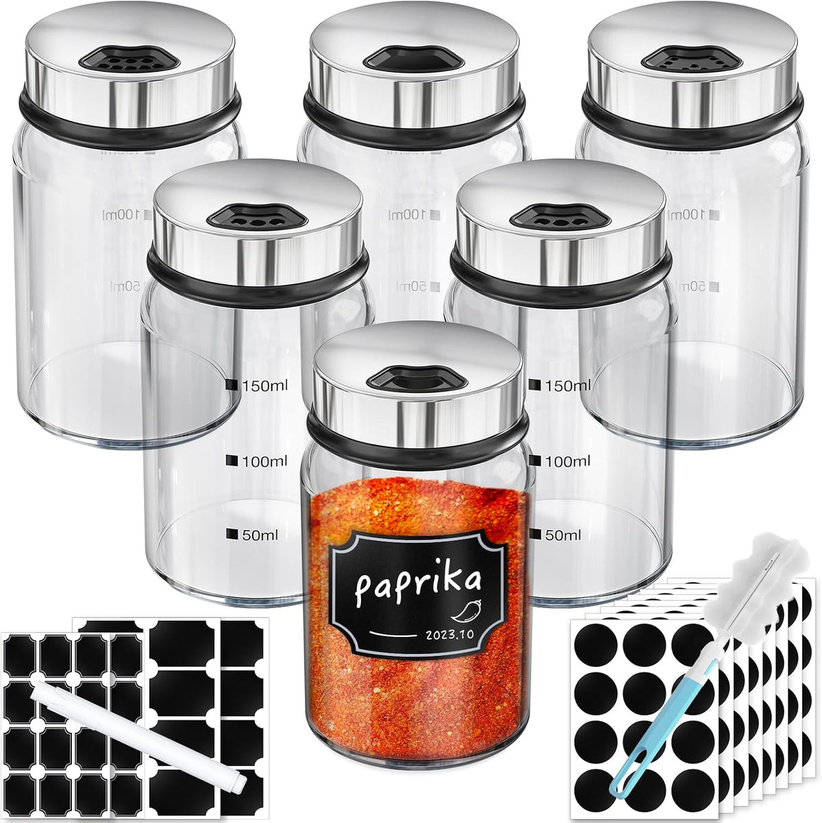 Spice Jars with Labels, 6 Pack 5oz Glass Spice Containers with Lids, Empty Clear Salt Shakers for Kitchen Condiment Storage, Spice Bottles Set with 136 Stickers, 1 Marker Pen and 1 Brush