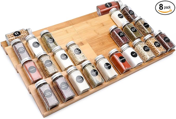 Bamboo Spice Drawer Organizer, 4 Tier In Drawer Spices Rack for Cabinet Drawer Expandable From 13" to 26", Stackable Seasoning Storage Organizer Insert
