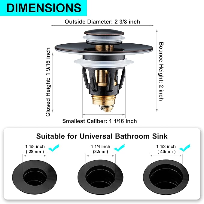 Universal Bathroom Sink Stopper - Bounce Wash Basin Drain Filter, Stainless Steel Pop Up Drain Stopper, 1.25" Bullet Core Sink Stopper, Sink Drain Plug with Anti-Clogging Strainer, Oil Rubbed Bronze