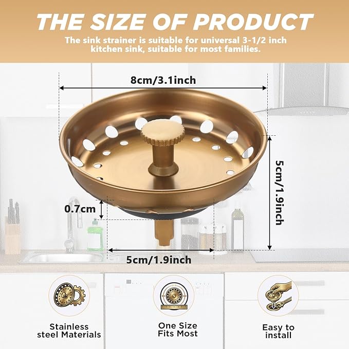 Retisee 2 Pcs Kitchen Sink Stopper Strainer Stainless Steel Drain Strainers for Universal 3-1/2 Inch Kitchen Sink Drain Replacement (Champagne Brown)
