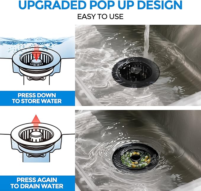 Sink Drain Strainer - Brushed Black Kitchen Sink Stopper, 3 in 1 Stainless Steel Pop-Up Drain Plug with Anti-Clog Basket, Matte Black Cover Fits Standard 3-1/2" Kitchen Sink Drains