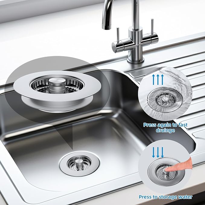 Hibbent All Metal Stainless Steel 3 in 1 Kitchen Sink Drain Strainer, Upgraded Anti-Rust Sink Stop Combo, Anti-Clogging Stainless Steel Basket Strainer with Metal Handle for US Standard 3-1/2" Drain