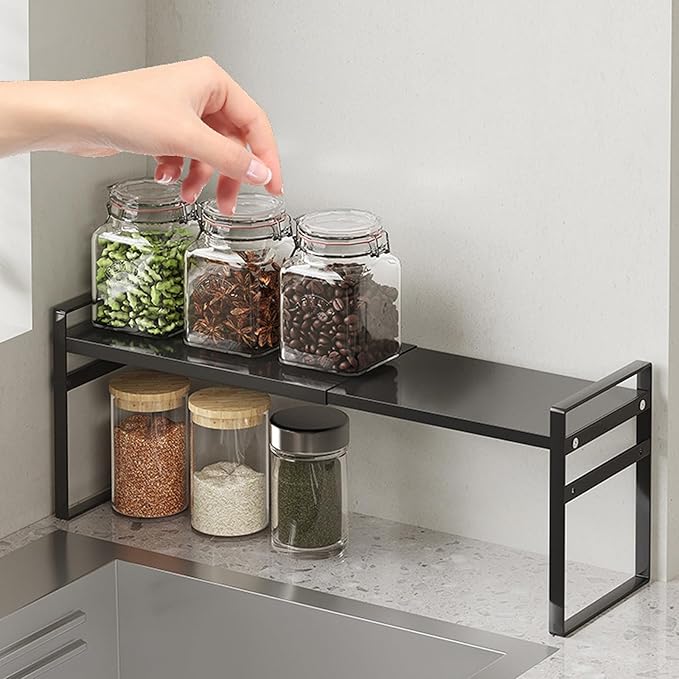 Retractable Over The Sink Shelf - Carbon Steel Window Sill Plant Shelves, Kitchen Counter Shelf for Plants & Storage Organization Accessories (Black)