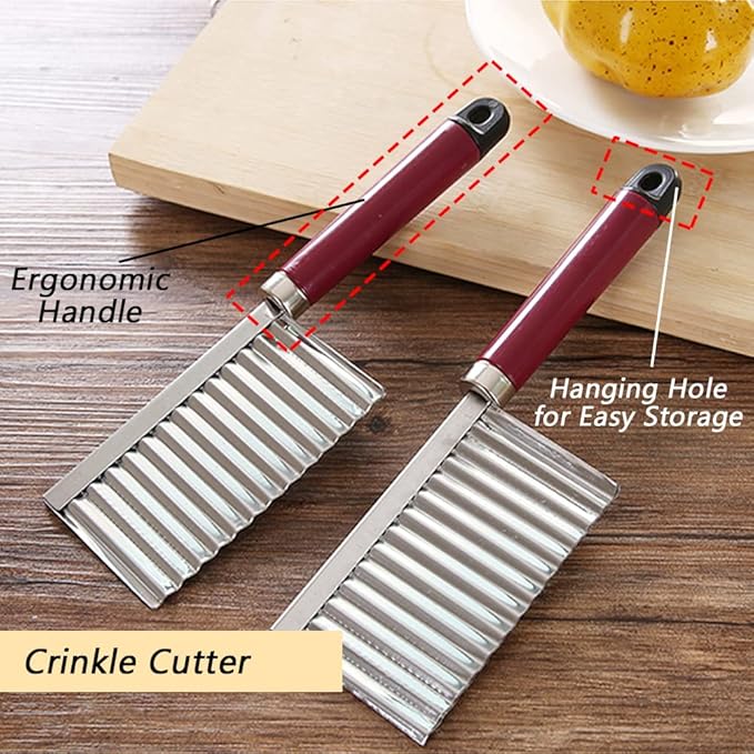 Crinkle Cutter Knife Stainless Steel Cutting Tool for Potato Carrot Chip Vegetable French Fry, Wavy Chopper Wave Slicer Steel Blade, Kids Lunch Accessories (Longer Red Handle)