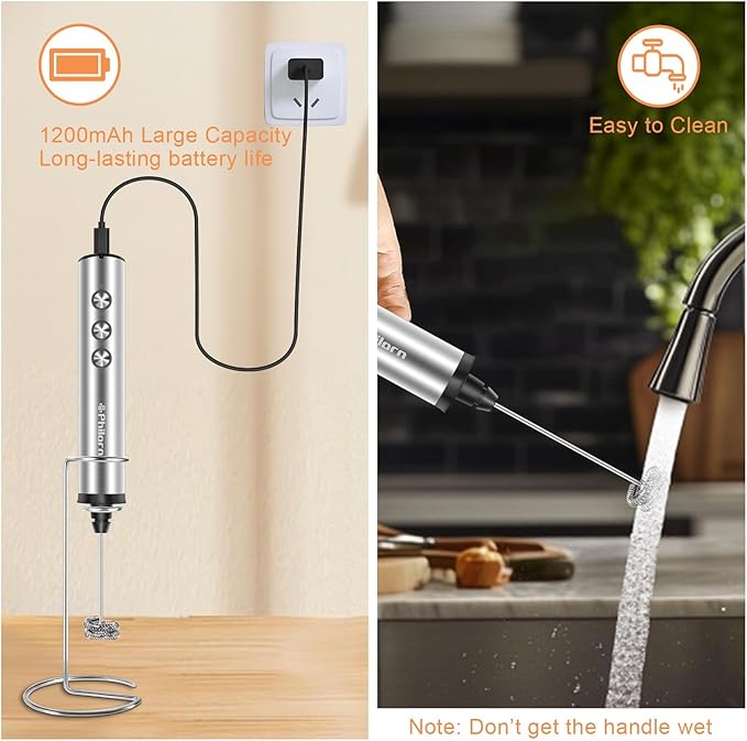 Philorn Coffee Rechargeable Frother With Stand, Handheld Frother Wand for Coffee with 3 Heads 3 Speed, Drink Mixer Handheld Electric Stirrer for Latte, Cappuccino, Matcha, Almond Milk