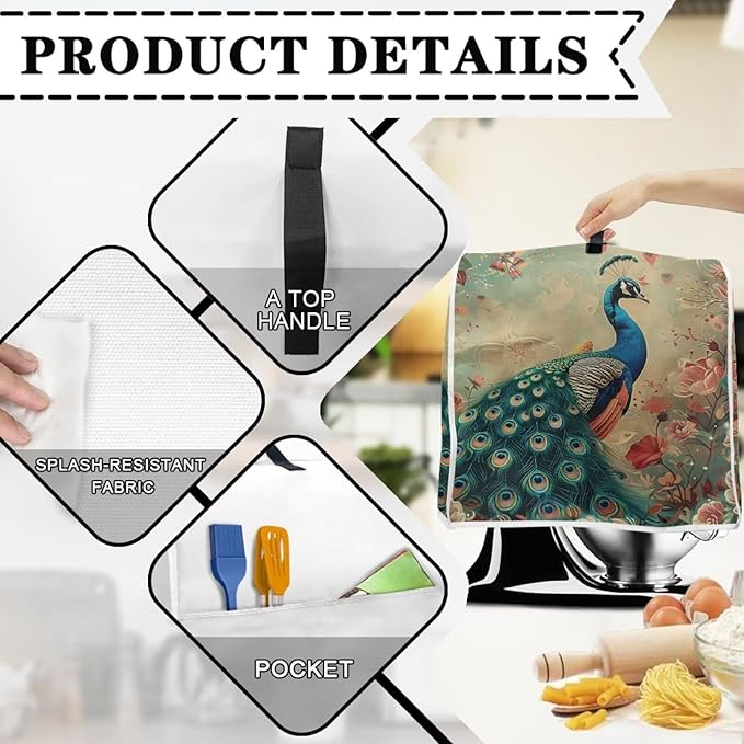Peacock Mixer Cover | Lightweight Dust Protector for 6-8 Quart Kitchen Mixers | Extends Appliance Life & Enhances Home Kitchen Decor