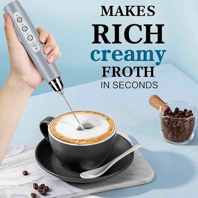 BSRGMS Milk Frother Handheld for Coffee, Electric Whisk 3 Speed Adjustable, Drink Mixer with Stainless 3 Whisks, Rechargeable Hand Frother Wand, for Latte Cappuccino Hot Chocolate Egg Cement Gray