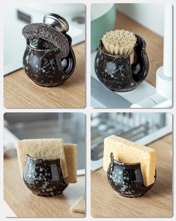 Zoeeker Kitchen Sponge Holder, Ceramic Dish Sponge Holder Kithen Sink Organizer Farmhouse Brush Holder Dish Rack for Bathroom, Kitchen, Sink, Black