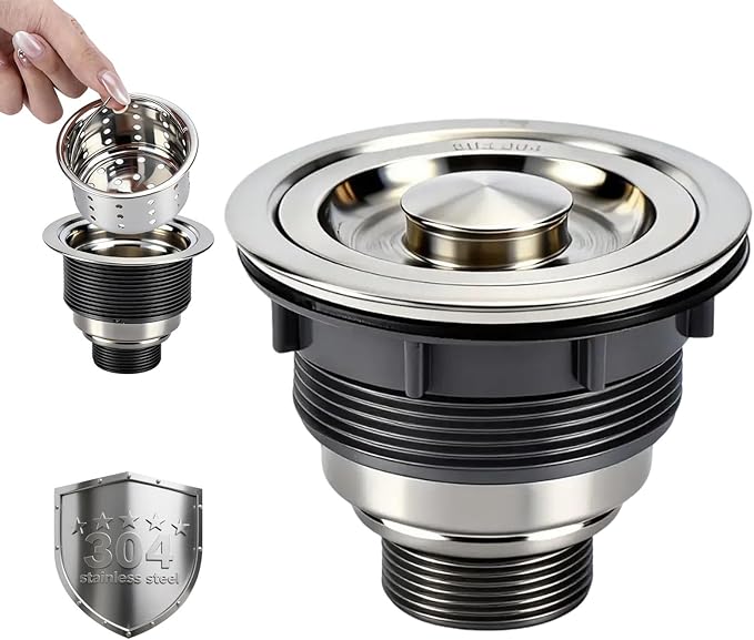 Kitchen Sink Drain Assembly, Stainless Steel Removable Deep Sink Strainer Basket, 3-1/2 Inch Sink Drain Stopper Plug, Sealing Lid
