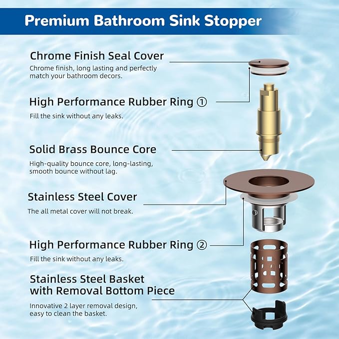 Hibbent 3 Pack 3 in 1 Bathroom Sink Drain Strainer, Universal Pop Up Stopper with Removable Stainless Steel Filter Basket Hair Catcher, Sink Plug for 1.1''~2.36'' Basin, Brass Bullet Core, Rose Gold