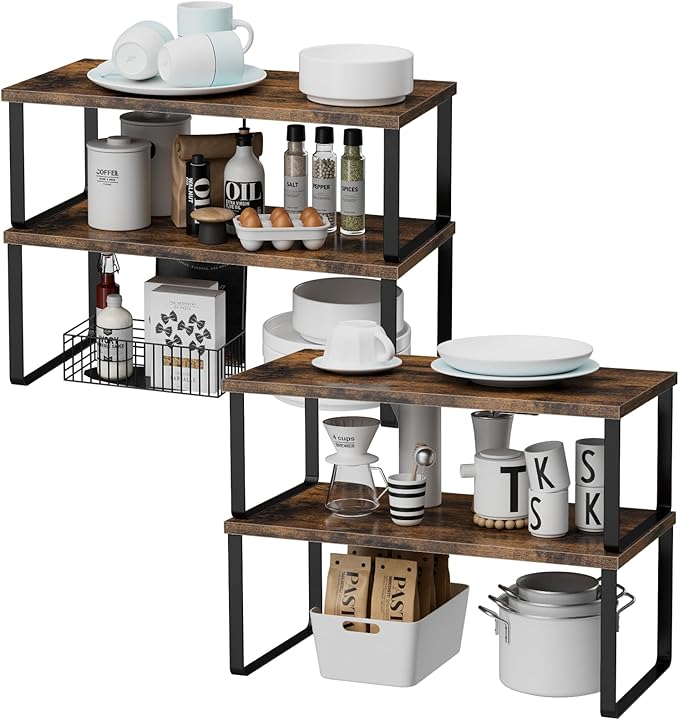 OGEMXU Cabinet Shelf Organizers, 15.7 inches Large Kitchen Counter Shelf, Set of 4 Wood Kitchen Pantry Organizer, Storage Shelves for Countertop, Spice Rack, Stackable, Expandable, Metal Black, Brown