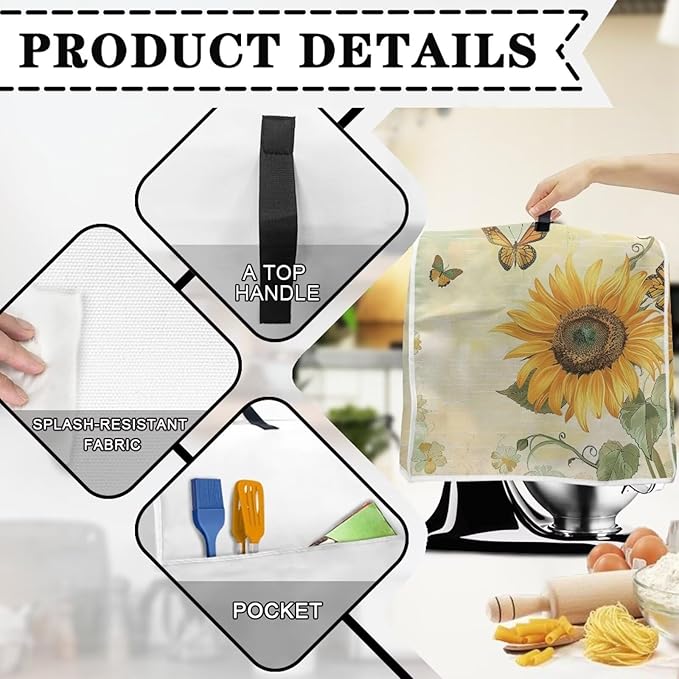 Sunflower Butterfly Mixer Cover | 8 Quart Kitchen Appliance Protector with Handle & Pocket | Machine Washable Dust Cover Protects from Scratches