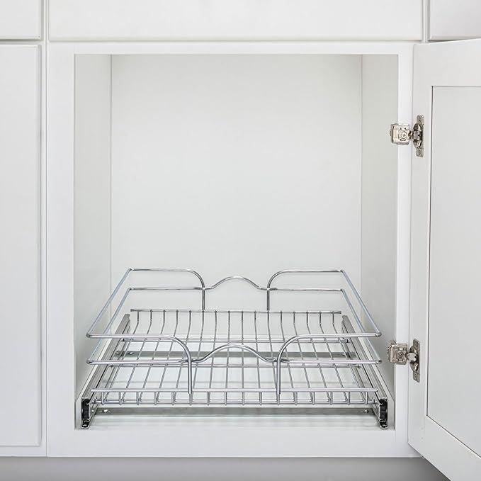 Rev-A-Shelf Steel Wire Pullout Drawer Organizer Shelf for Kitchen Cabinets, Slide Out Storage Basket, Min Opening Width of 17.5", 18" x 20", 5WB1-1820CR-1