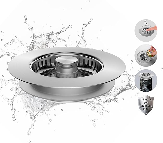 Hibbent All Metal Stainless Steel 3 in 1 Kitchen Sink Drain Strainer, Upgraded Anti-Rust Sink Stop Combo, Anti-Clogging Stainless Steel Basket Strainer with Metal Handle for US Standard 3-1/2" Drain