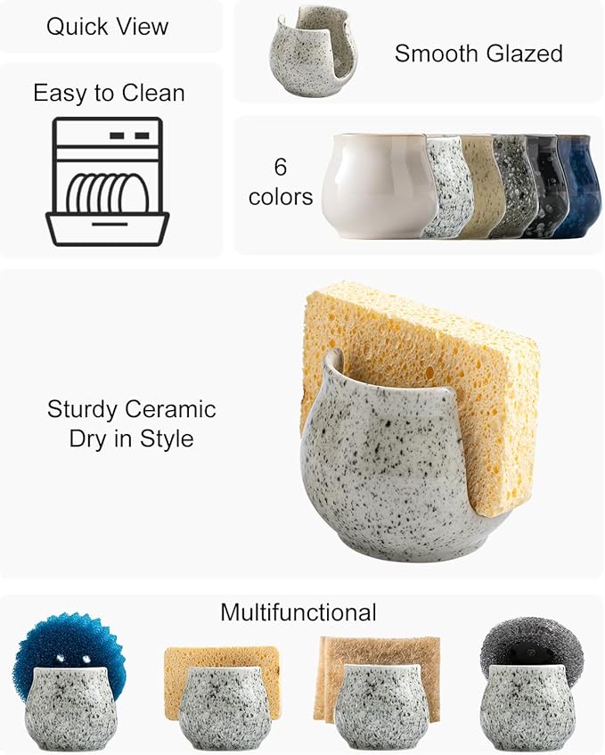 Zoeeker Sponge Holder for Kitchen Sink, Ceramic Dish Sponge Dish Rack Scrubby Caddy Kitchen Organizer Cute Sink Caddy Organizer, Farmhouse Decor, Speckled Glaze