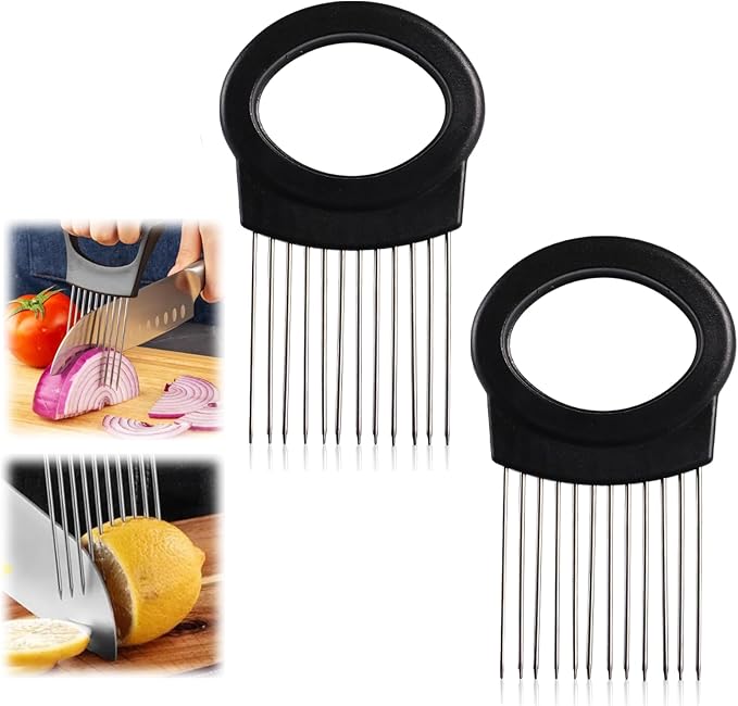 Upgrade Onion Holder for Slicing, Stainless Steel Lemon Slicer Onion Cutter for Slicing, Vegetable Cutter for Potato and Tomato, Avocados, Eggs, Meat, Kitchen Chopper Slicings Tool (Round, 2PCS)