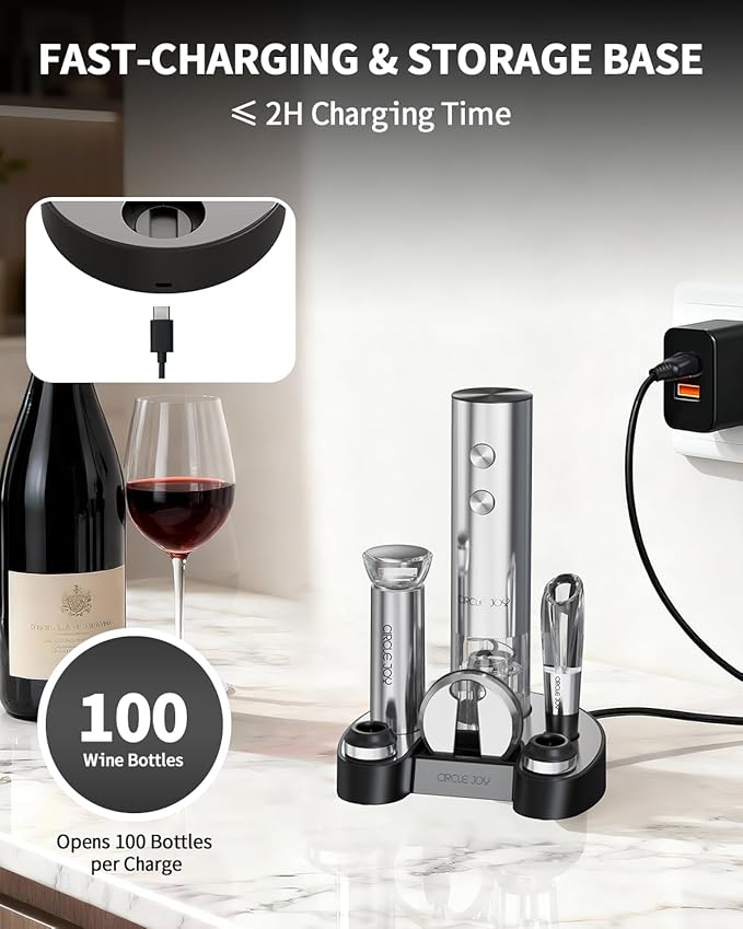 CIRCLE JOY Electric Wine Bottle Opener Set Stainless Steel Rechargeable Wine Opener 8-in-1 Wine Gift Set with Charging base, Foil Cutter, Wine Aerator Pourer, Vacuum Pump & 2 Wine Stoppers, Silver