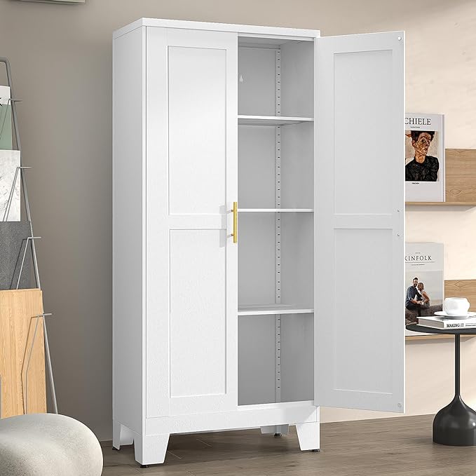 Winiowa Metal Pantry Cabinet with 2 Doors and Adjustable Shelves - 61" Kitchen Storage Cabinet with Gold Handles - Versatile Storage for Kitchen, Bathroom, Dining Room, Utility Room - White
