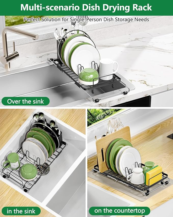 Small Dish Drying Rack, Expandable Sink Dish Rack Over Sinks, Dish Drainer for Kitchen Counter with Cutlery Holder, Space-Saving for Small Kitchens, Black