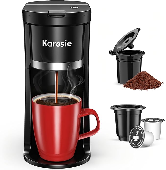 Small Single Serve Coffee Maker, Fast Brew for K-Cup & Ground Coffee, 6-12 Oz Brew Sizes, One-Button Single Cup Coffee Maker, Coffee Machine with Descaling Reminder