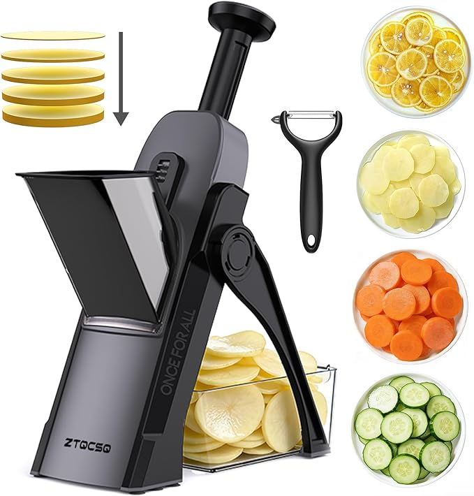 Safe Mandoline Slicer for Kitchen, Meal Prep,Potato Slicer, Adjustable/Easy to Clean/Storage, Kitchen Chopping Artifact,French Fry Cutter,Paring Knife/Cleaning Brush (only Slice, Black Knight)