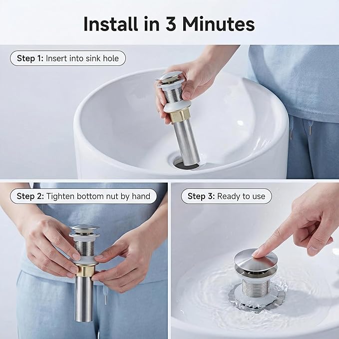 Bathroom Sink Drain, Drain Stopper Bathroom Sink Without Overflow, Assembly with Detachable Strainer Basket, Built in Anti Clogging Pop Up Drain Strainer, Stainless Steel Polishing 1Pcs