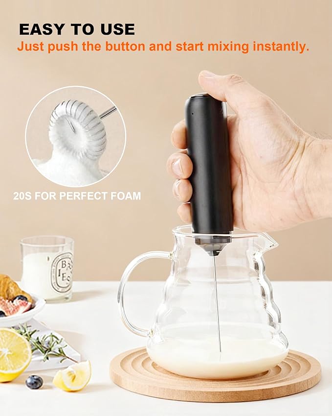 Rechargeable Milk Frother Handheld with Cover, Electric Drink Mixer with Stainless Steel Whisk - Portable Hand Frother Wand for Matcha Latte Cappuccino & Hot Chocolate, Black