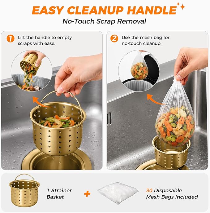 Deep Sink Strainer Basket – Fits Standard 3-1/2" Kitchen Drains – Gold Stainless Steel Removable Strainer with 30 Disposable Mesh Bags – Makes Cleaning Food Debris Quick & Easy