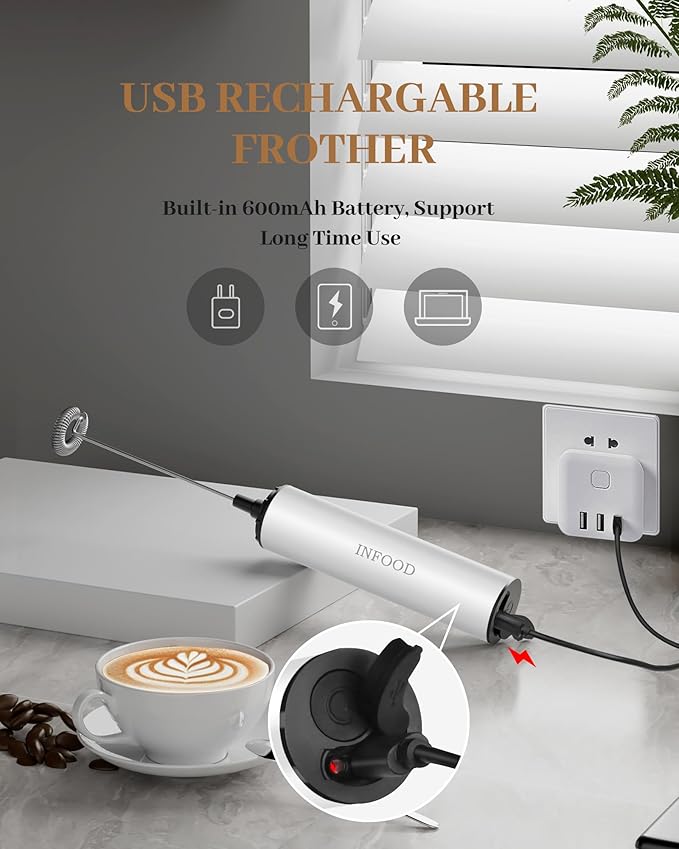 INFOOD Milk Frother Rechargeable with Cover - Coffee Frother Wand, Drink Mixer Handheld with 2 Detachable Stainless Whisks 2 Speed Adjustable for Latte, Cappuccino, Hot Chocolate, Egg, White