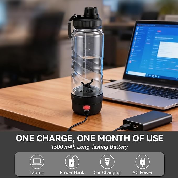 FANS-ONE Electric Protein Shaker Bottle, 24 oz USB C Rechargeable Electric Mixer, Shaker Cups for Protein Shakes and Meal Replacements, Portable Blender Self Mixing Cup for Gym Workout, Transparent