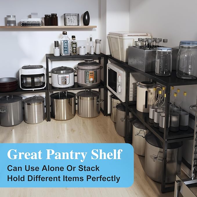 Expandable Metal Storage Shelves, 110LBS Heavy Duty Shelving Units and Storage for Pots Pans Small Appliances, Adjustable Metal Storage Shelf Organizer Rack for Kitchen Cabinets Closet Pantry Garage