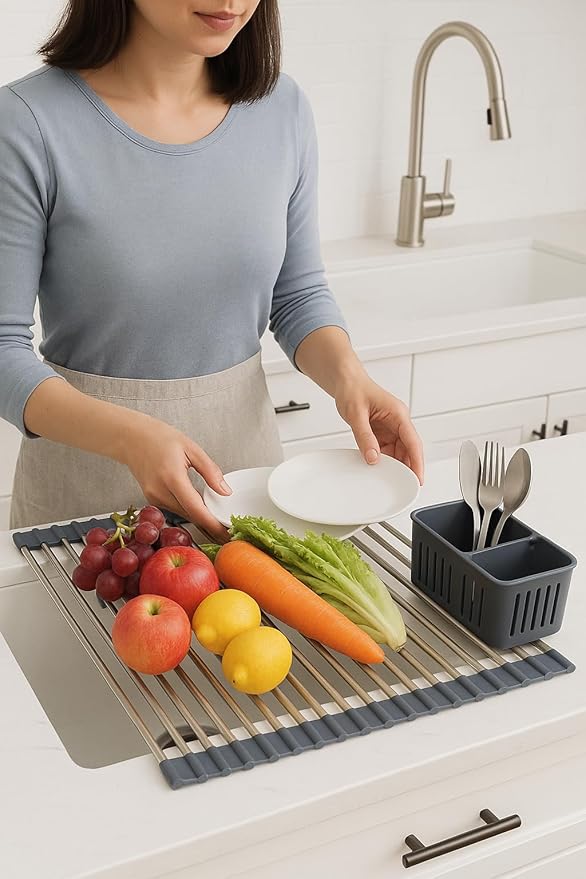 Gabrielline Expandable Roll Up Dish Drying Rack for Kitchen Sink, 21.6” x 12.7” Stainless Steel Over Sink Drying Mat with Utensil Holder & Drip Tray, Space Saving Heavy Duty Kitchen Rack Set