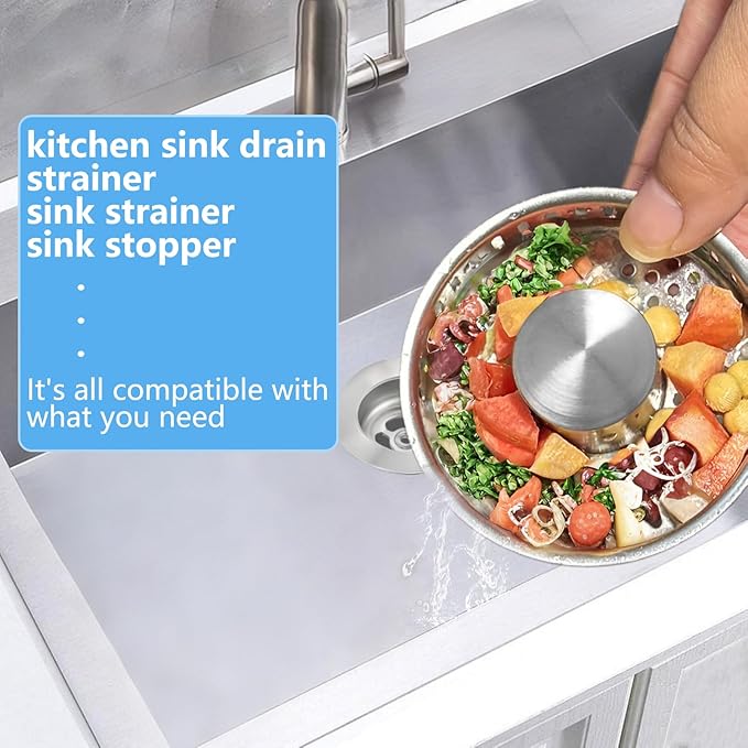 Kitchen Sink Drain Strainer for 3-1/2 Inch Drain Hole, 3-in-1 304 Stainless Steel Pop-Up Sink Strainer and Stopper with Anti-Clog Filter Basket & Food Catcher (Silver, 1 Pack)