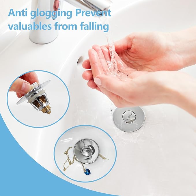 QYHNYJF Bathroom Sink Stopper with Hair Catcher – Universal Pop-Up Drain Strainer for 1.1–1.5 inch US Standard Sink Drain Holes, Includes 3 Sets of Silicone Gaskets