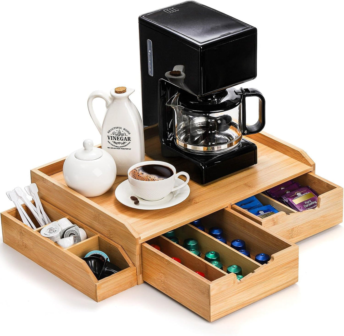 Bamboo 2 Drawer Coffee Pod Organizer with Side Box for K Cup Tea Bag
