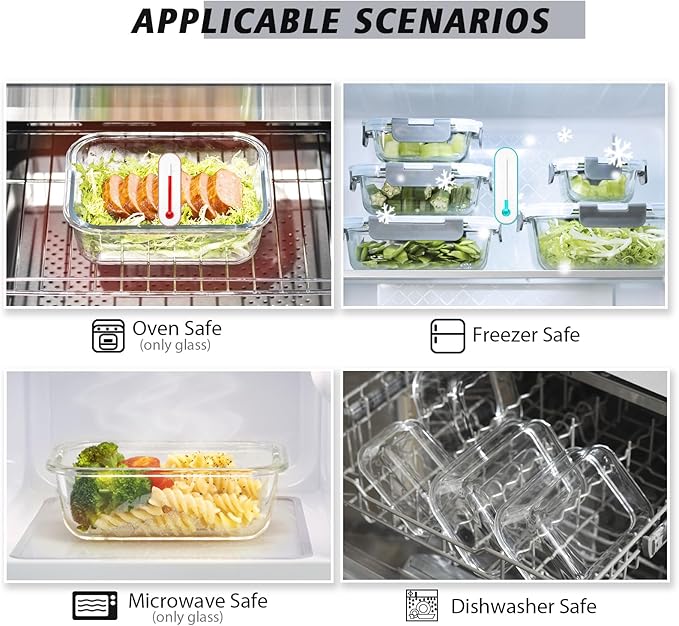 AILTEC 12 Pack Glass Food Storage Containers with Lids, Glass Meal Prep Containers Set with Leak Proof Lids, Airtight Lunch Container for Kitchen, Microwave, Oven, Freezer, Dishwasher Safe, Bpa free