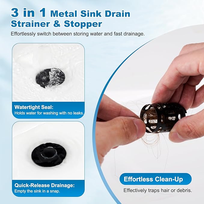 Hibbent 2 Pack Universal Bathroom Sink Drain Strainer, 3 in 1 Pop Up Stopper, Removable Stainless Steel Filter Basket, Brass Bullet Core, Hair Catcher Sink Plug for 1.1''~2.36'' Hole, Matte Black