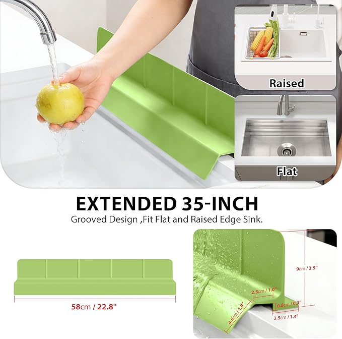 23Inch Sink Splash Guard – Extended Length & Tall Silicone Kitchen Sink Splash Guard with Overhang Drainage Design & Strong Suction Cups for Countertop (Green, 23''x3.5'')